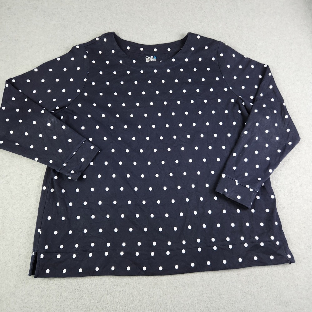 Croft & Barrow Shirt Women 2X Navy Blue Polka Dot Extra Soft Side Slit Crew Neck